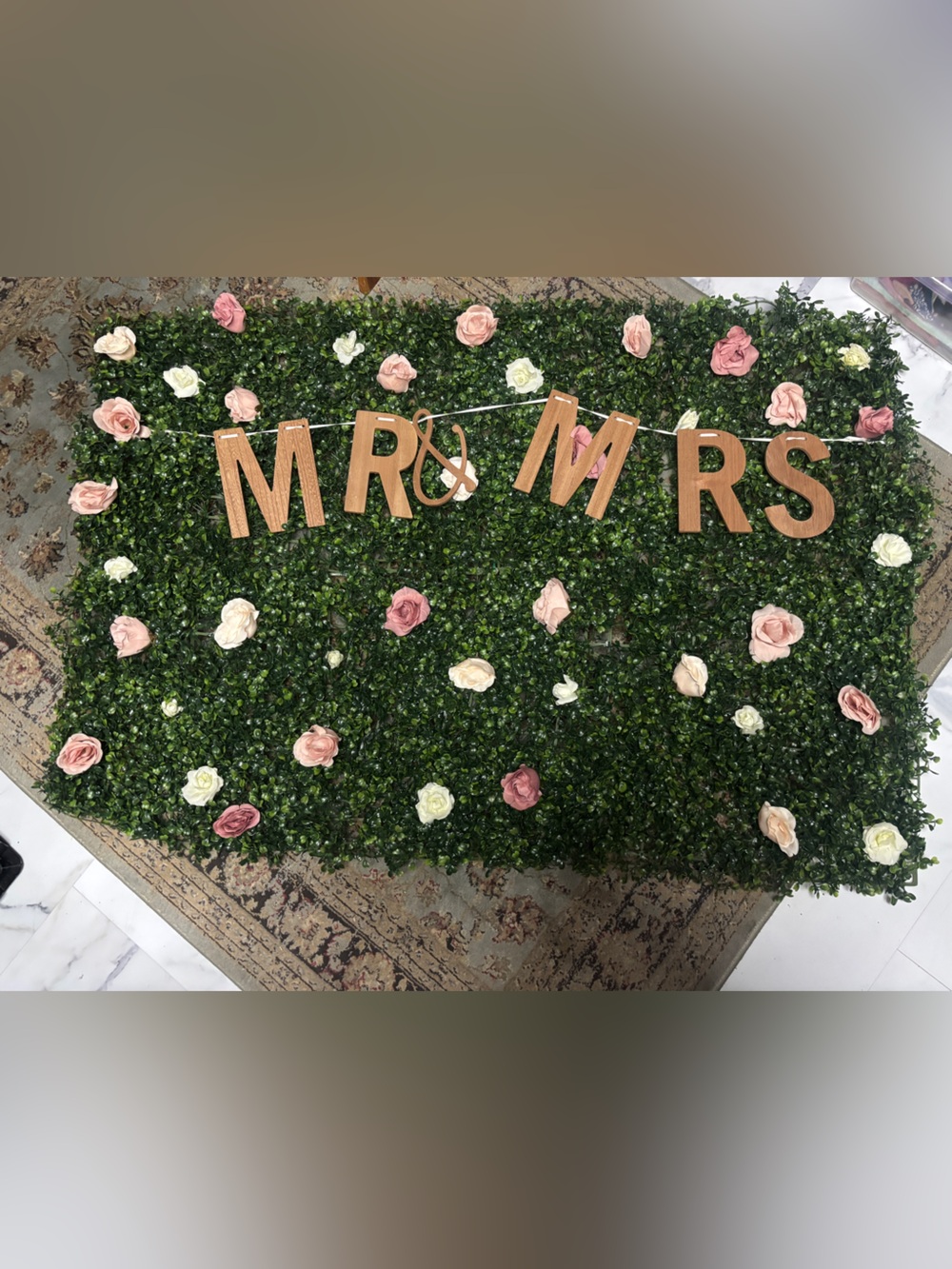Green Boxwood Floral Wall Panel Mr and Mrs Wedding Bridal Shower